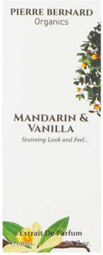 Białe opakowanie perfum Pierre Bernard Organics Mandarin & Vanilla 100ml, z gałęzią pomarańczy i wanilią, widok z przodu.