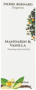Białe opakowanie perfum Pierre Bernard Organics Mandarin & Vanilla 100ml, z gałęzią pomarańczy i wanilią, widok z przodu.