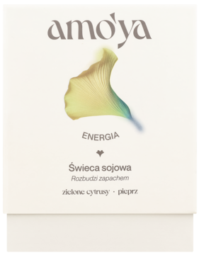 Amo'ya świeca sojowa Energia, białe opakowanie z ginkgo, napis zielone cytrusy i pieprz, widok z przodu.