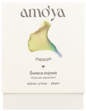 Amo'ya świeca sojowa Energia, białe opakowanie z ginkgo, napis zielone cytrusy i pieprz, widok z przodu.