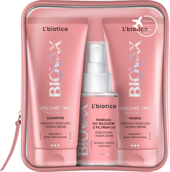 L'BIOTICA BIOVAX Volumetric Treatment ,zestaw mini kosmetyków, szampon do włosów + mgiełka do włosów z filtrem UV + maska do włosów + kosmetyczka,przód