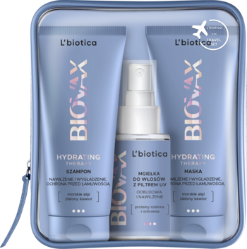 L'BIOTICA BIOVAX Hydrating Therapy ,zestaw mini kosmetyków, szampon do włosów + mgiełka do włosów z filtrem UV + maska do włosów + kosmetyczka,przód