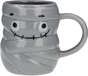 Szary kubek ceramiczny w kształcie mumii z czarnymi oczami i szytym uśmiechem, widok z przodu. Idealny na Halloween.