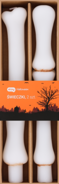 Halloweenowe świeczki w kształcie kości, białe, dwie sztuki w brązowym pudełku z pomarańczową etykietą.