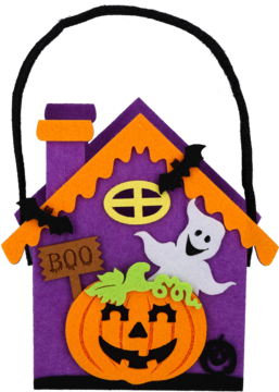 Fioletowa filcowa torba Halloween w kształcie nawiedzonego domku z dynią, duchem i nietoperzami, widok z przodu.
