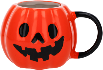 Pomarańczowy ceramiczny kubek w kształcie dyni z czarnym uchwytem i wizerunkiem jack-o'-lantern, widok z przodu.