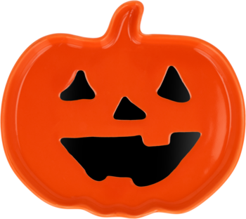 Błyszcząca pomarańczowa miska dynia Jack-o'-lantern z wyciętymi oczami, nosem i zębatym uśmiechem, widok z przodu.