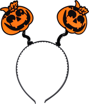 Opaska do włosów z dwoma pomarańczowymi dyniami jack-o'-lantern na czarnych sprężynkach, widok z przodu.