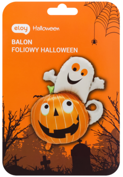 eloy Halloween balon foliowy: uśmiechnięta dynia z duszkiem na cmentarnym tle, widok z przodu opakowania.