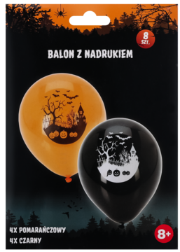 Zestaw 8 halloweenowych balonów z nadrukiem, 4 czarne i 4 pomarańczowe, z motywem strasznego domu i dyni.