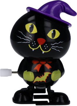 Czarna figurka kotka-czarownicy, nakręcana zabawka Halloween, z fioletowym kapeluszem, widok z przodu.