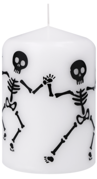 Biała świeca halloweenowa w kształcie słupka, z czarnymi tańczącymi szkieletami na przodzie.