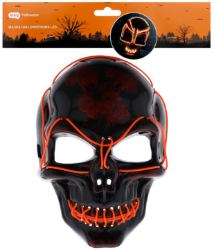 Czarna maska Halloween LED czaszka z pomarańczowymi, świecącymi liniami, prezentowana w opakowaniu, widok z przodu.