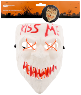 Biała maska Halloween LED z czerwonym napisem KISS ME, podświetlane czerwone X na oczach i szwy na ustach.