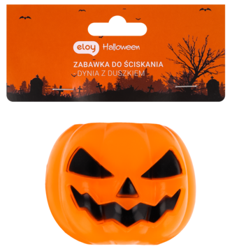 Pomarańczowa zabawka do ściskania dynia Halloween z wyciętą straszną twarzą, widok z przodu.