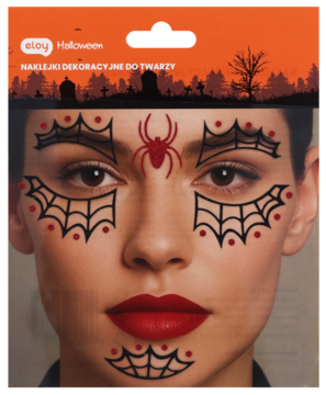 Eloy Halloween, dekoracyjne naklejki na twarz: czarne pajęczyny i czerwony pająk na skórze modelki.