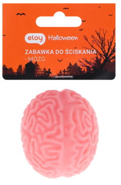 Zabawka antystresowa Eloy Halloween: różowy mózg do ściskania, widok z przodu na tle pomarańczowego opakowania.