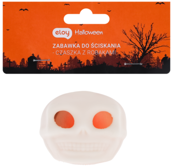 Eloy Halloween: biała zabawka do ściskania w kształcie czaszki z czerwonymi oczami-robakami, pod banerem.