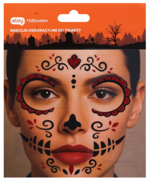 Eloy Halloween naklejki dekoracyjne na twarz: czarno-czerwony wzór cukrowej czaszki na modelce, z opakowaniem.