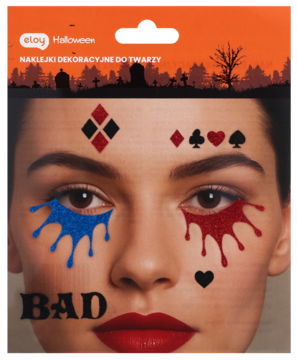 Eloy Halloween naklejki na twarz: kobieta z niebiesko-czerwonymi brokatowymi łzami, symbolami kart i napisem BAD.