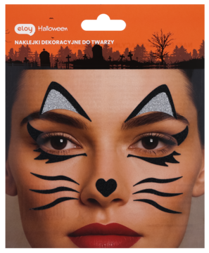 Zbliżenie na twarz kobiety z czarno-srebrnymi naklejkami na Halloween: kocie uszy, wąsy, nos w serce.
