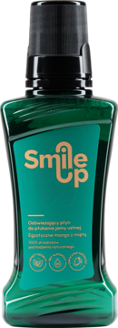 SmileUp płyn do płukania ust mango-mięta, butelka w zielonym kolorze, naturalny skład, widok z przodu.