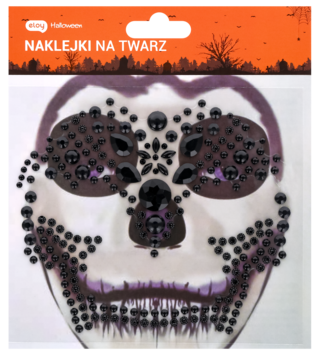 Naklejki na twarz Halloween, wzór czaszki: czarne, błyszczące bąbelki na arkuszu, widok z przodu.