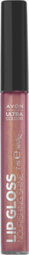Avon Ultralśniący błyszczyk Ultra Colour w różowo-złotej, brokatowej tubce z czarną nakrętką, widok pionowy.