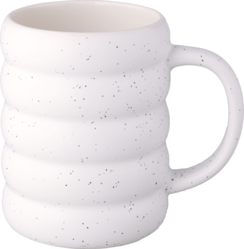 Eloy kubek ceramiczny biały 350 ml, z żebrowaną fakturą i drobnymi cętkami, widok z boku.