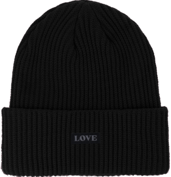 Czarna prążkowana czapka beanie z haftem „LOVE” na wywiniętym brzegu, widok z przodu.
