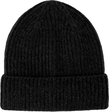 Czarna prążkowana czapka zimowa beanie z dzianiny, z wywiniętym brzegiem, widok z przodu.