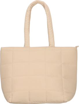 Beżowa, pikowana torba shopper z miękkimi, poduszkowymi uchwytami, widok z przodu, idealna do codziennych stylizacji.