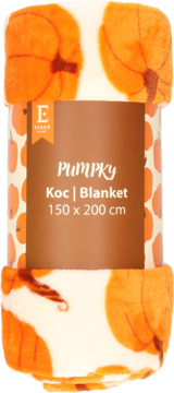 Miękki koc flanelowy z pomarańczowymi dyniami, białe tło, zawinięty, z brązową opaską "Pumpky", 150x200 cm.