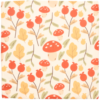 Velvet pattern: autumnal design with red spotted mushrooms, red berries, and yellow leaves on a cream background.