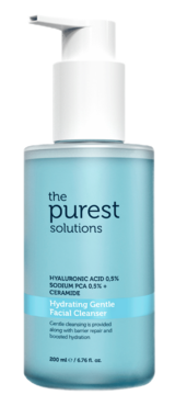 The Purest Solutions Hydrating Gentle Cleanser z kwasem hialuronowym, jasnoniebieska butelka z białą pompką.