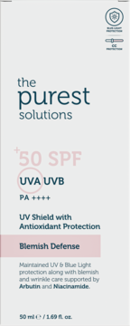 Widok z przodu: Białe opakowanie The Purest Solutions, krem SPF 50+, UVA/UVB, Blemish Defense, 50ml.