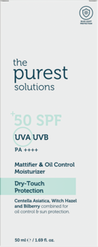 The Purest Solutions matujący krem SPF 50+, białe opakowanie z przodu, ochrona UVA/UVB i Blue Light.