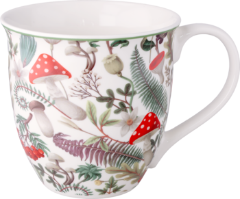 Biały kubek ceramiczny z uchwytem, zdobiony botanicznym wzorem leśnych grzybów i zielonych roślin. Widok z boku.