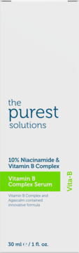 Opakowanie The Purest Solutions Vita-B Complex Serum z 10% Niacinamide, biało-zielone, widok z przodu.
