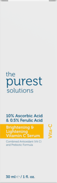 The Purest Solutions serum rozświetlające z 10% witaminą C i kwasem ferulowym, biało-szare pudełko, widok z przodu.