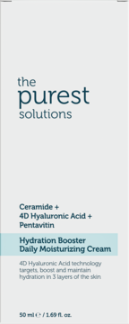 The Purest Solutions Hydration Booster Daily Moisturizing Cream 50ml. White box, front view. Contains Ceramides, 4D Hyaluronic Acid.