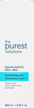 The Purest Solutions Exfoliating and Clarifying Toner z kwasem glikolowym 5%, białe opakowanie, widok z przodu.