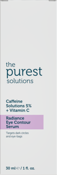 Serum pod oczy The Purest Solutions Caffeine 5% + Vitamin C w białym opakowaniu z fioletowym paskiem, widok z przodu.