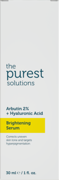 Białe opakowanie serum The Purest Solutions Arbutin 2% + Hyaluronic Acid, rozjaśniające na żółtym pasku. Widok z przodu.