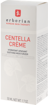 Krem Erborian Centella Crème, nawilżająco-łagodzący przeciw zaczerwienieniom, w białym pudełku, widok z przodu.