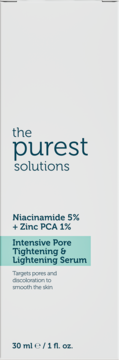 The Purest Solutions Intensywne serum na pory z Niacynamidem 5% i Cynkiem, białe opakowanie z zielonym paskiem.