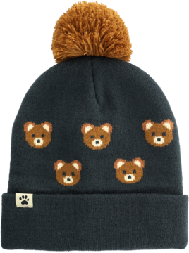 Ciemnoszara czapka beanie z brązowym pomponem i wzorem w pikselowe misie. Widok z przodu z naszywką łapy.