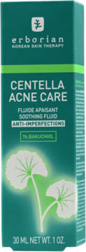Erborian Centella Acne Care łagodzący płyn z bakuchiolem, zielone opakowanie z liśćmi, front, 30 ml.