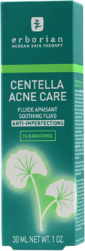 Zielony kartonik Erborian Centella Acne Care 30ml, fluid łagodzący z 1% Bakuchiol, białe napisy, widok z przodu.