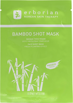 Zielona maska w płachcie Erborian Bamboo Shot Mask, nawilżająca, z grafiką bambusa i białymi napisami.